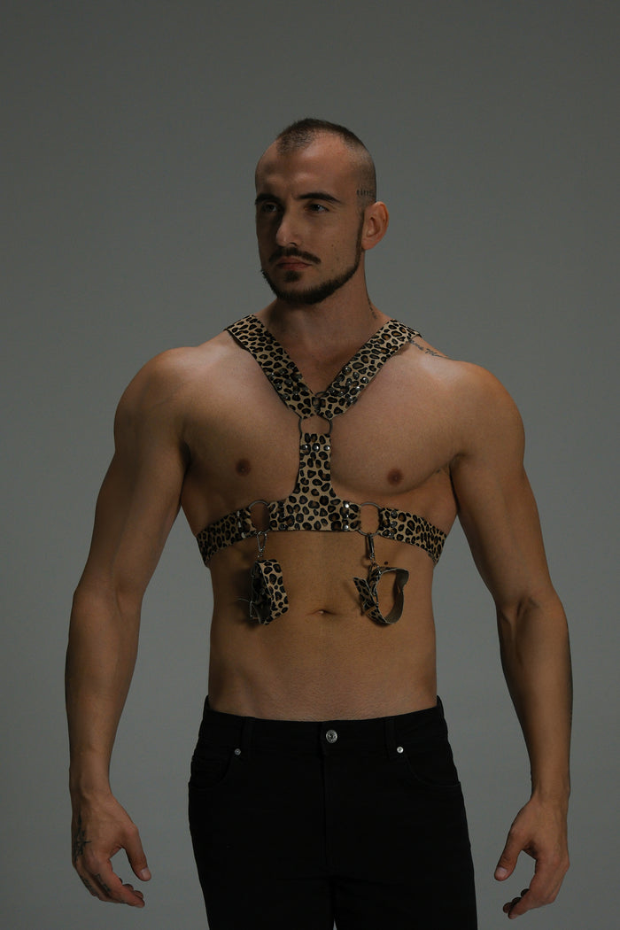 Men’s Leather Bondage Harness – Handmade Luxury Leopard Chest & Upper Body Strap Set (view 1)