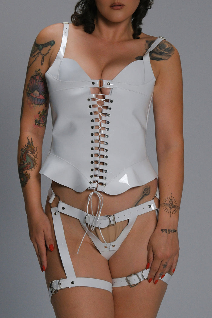 Women’s Glossy Leather Corset Harness Set – Handmade Luxury Lace-Up Body & Garter System (view 1)