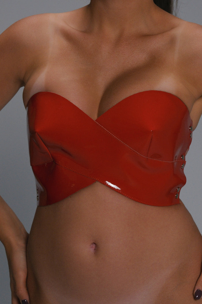 Women’s Leather Strapless Bandeau Top – Handmade Glossy Multi-Buckle Back Strap Corset (view 1)