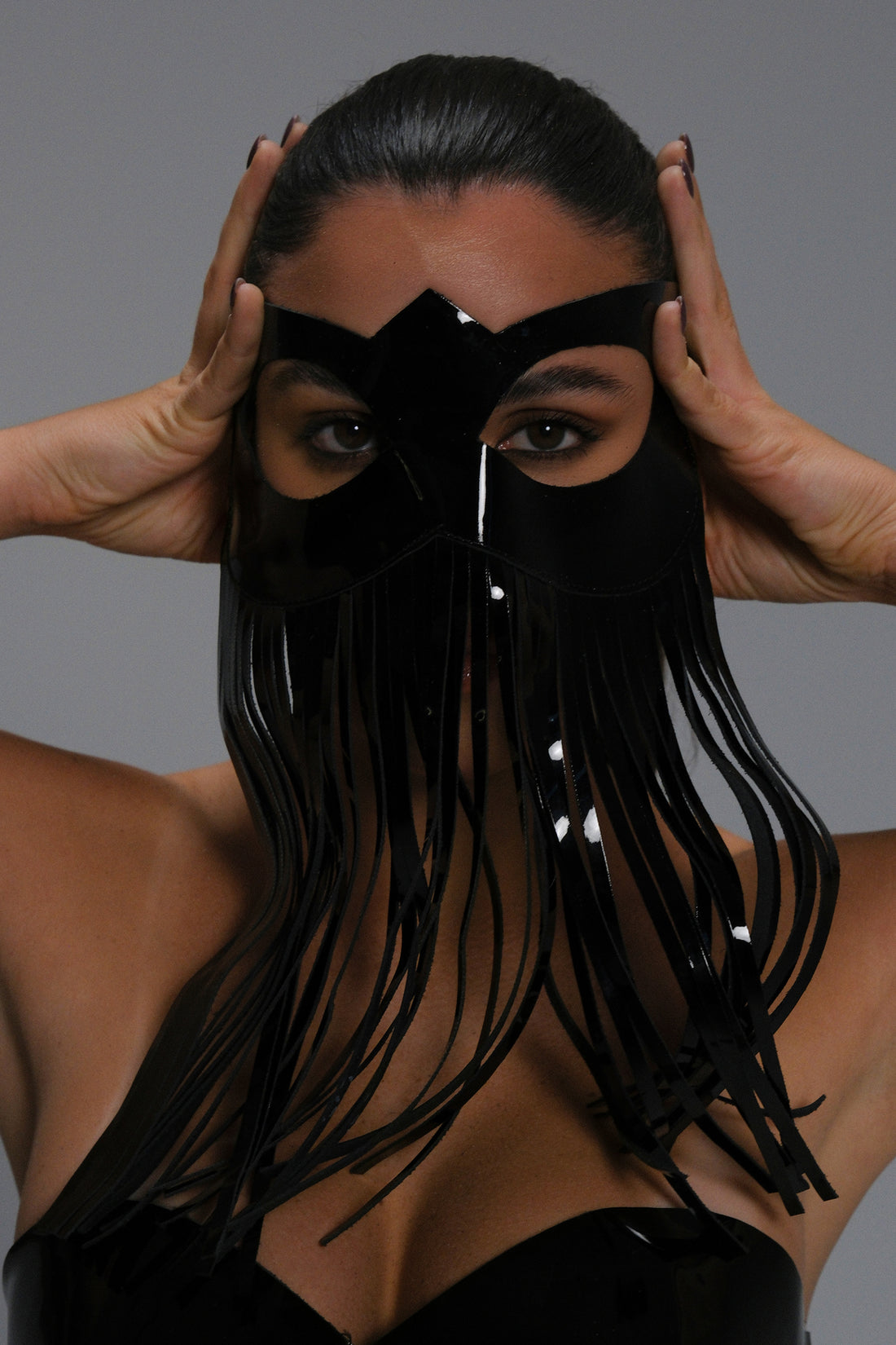Leather Fringe Mask – Handmade Luxury Fetish Accessory - Glossy (view 2)