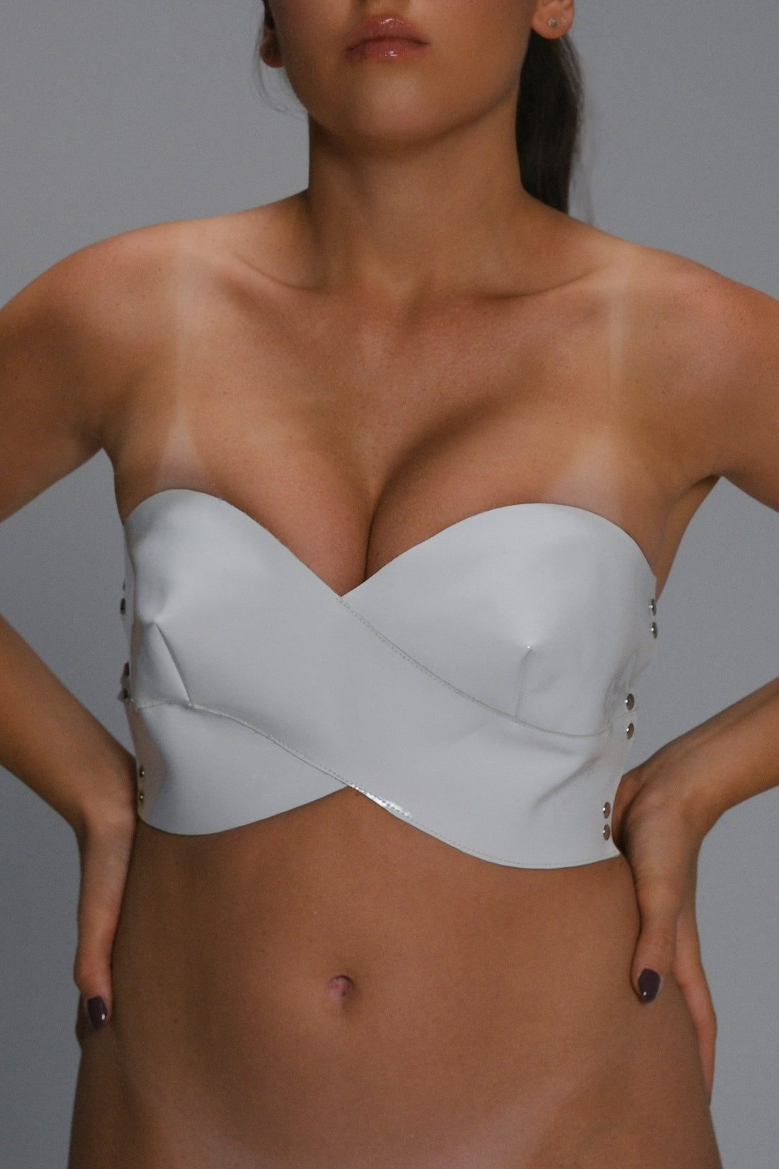 Women’s Leather Strapless Bandeau Top – Handmade Glossy Multi-Buckle Back Strap Corset (view 5)